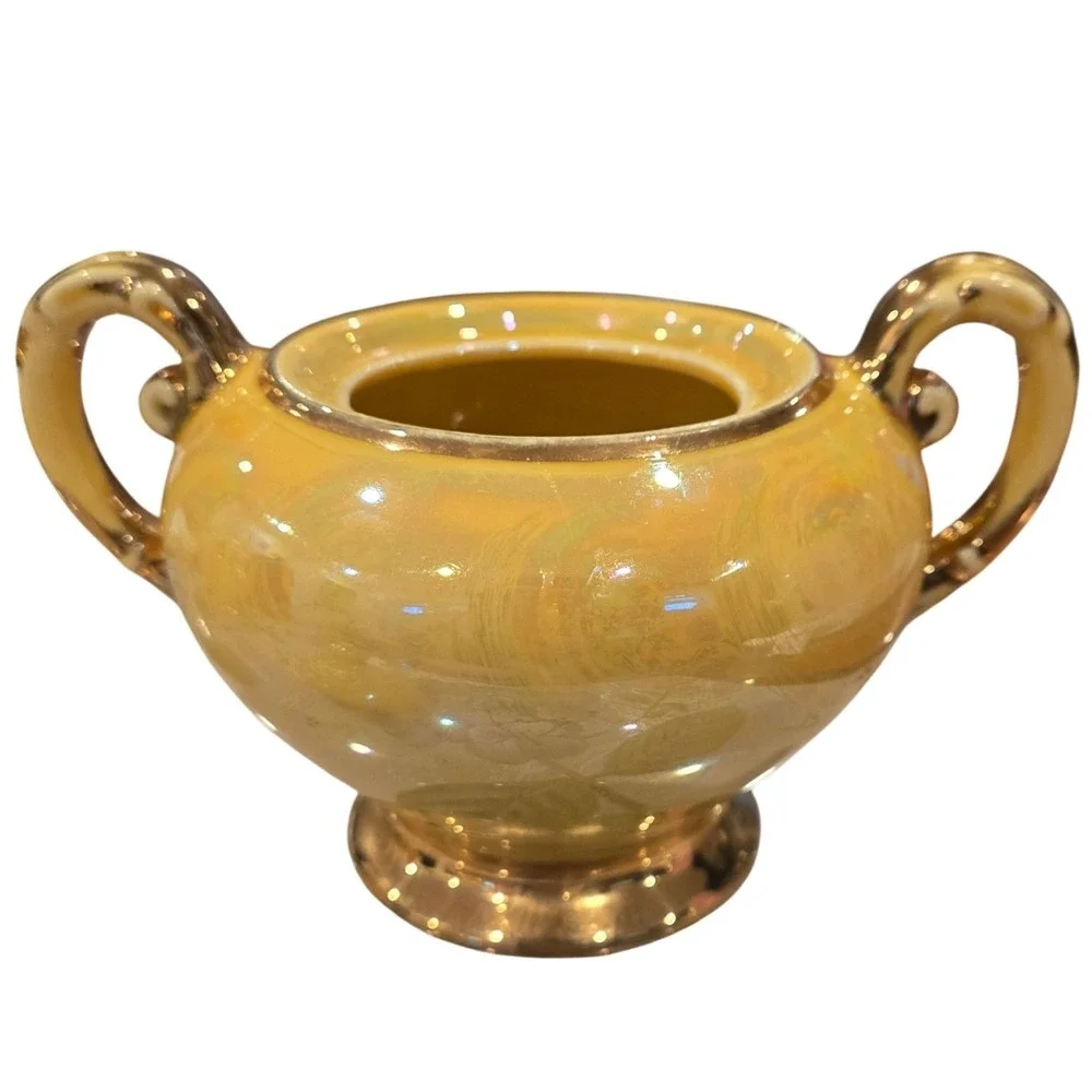 Vintage Yellow Opalescent Lusterware Creamer and Sugar Set 22K Gold Trim